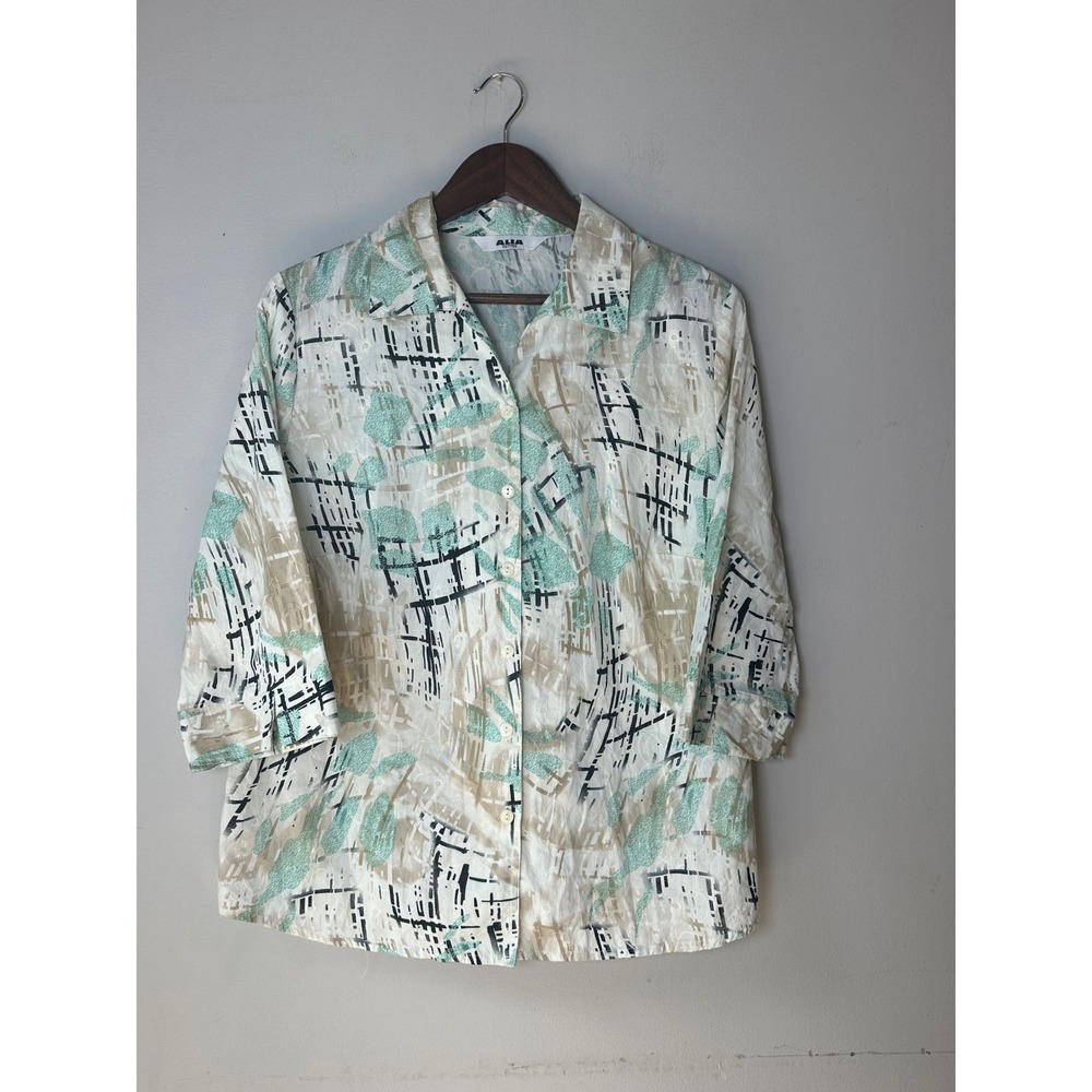 🎃Vintage 90s Alia Petites Abstract Geometric Cotton Eyelet 3/4 Sleeve Buttonup